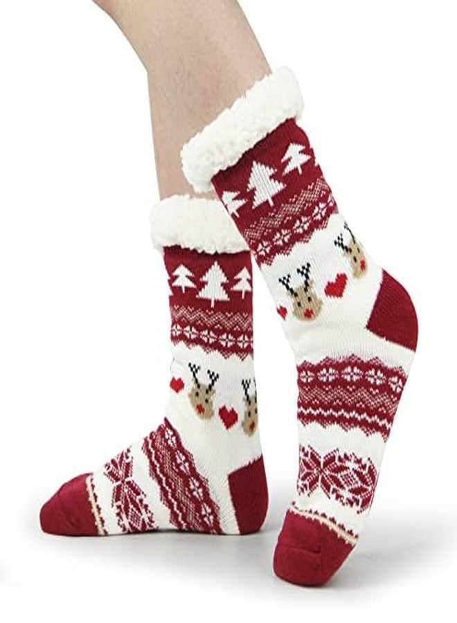 BenSorts Womens Christmas Slipper Socks with grippers Winter Warm House Indoor Fleece Lining Fuzzy Soft Sherpa House Cozy Socks Holiday Gift Christmas Red Red 2 Pairs - Image 4
